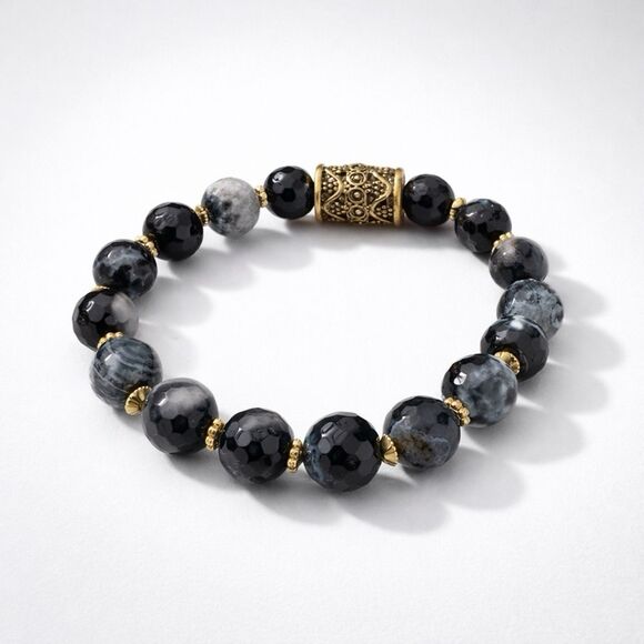 Black Banded Faceted Agate Bracelet 10mm Vintage Gold Tone Handmade OOAK - Picture 4 of 8